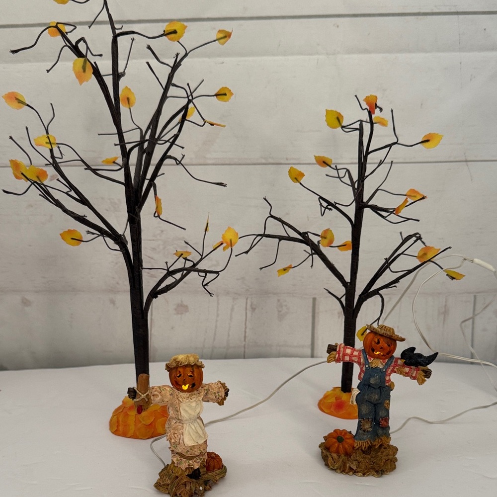 Department 56 Lighted Halloween Scarecrows and 2 Fall Trees